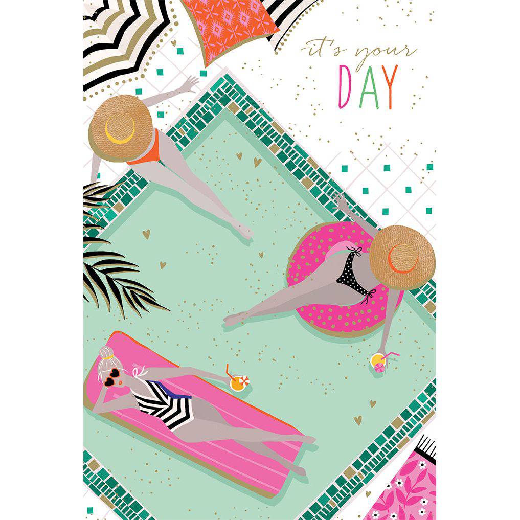 Aerial view of a luxurious swimming pool on a birthday card by Sara Miller for Pictura, featuring vibrant colors and intricate design.